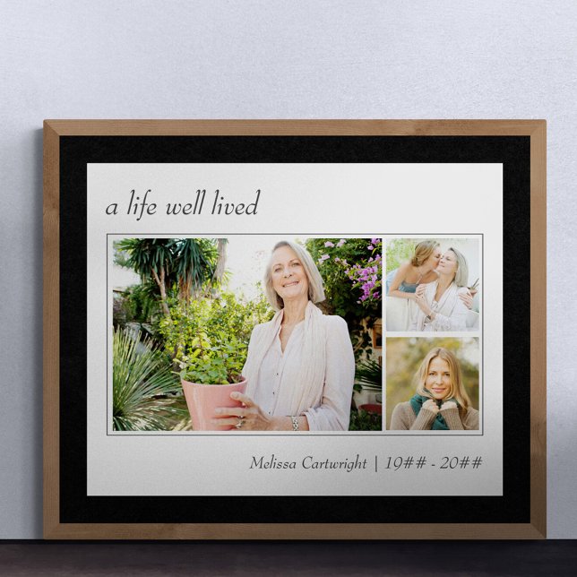 A Life Well Lived Elegant Script 3 Photo Funeral Poster (Funeral memorial poster to order professionally printed or as a printable digital download)