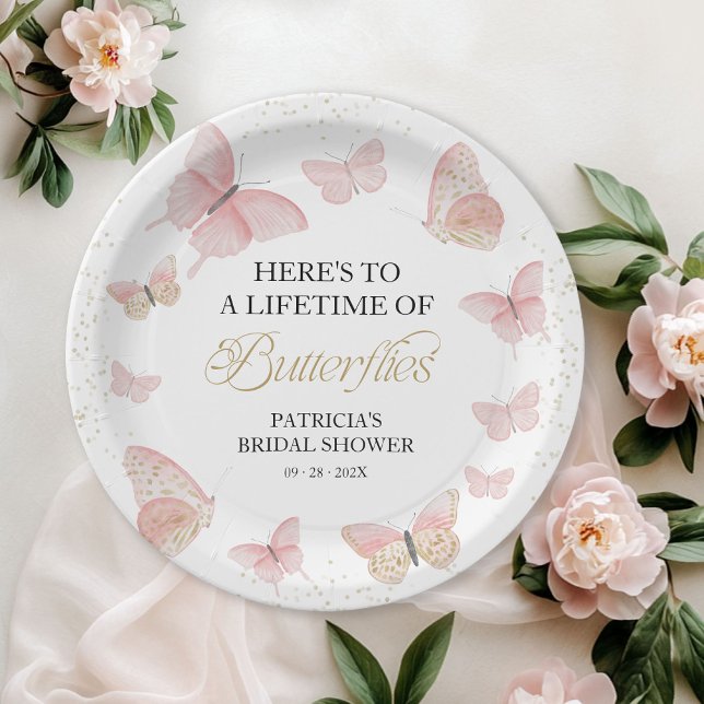 A Lifetime of Butterflies Bridal Shower Pink Gold Paper Plate (Creator Uploaded)