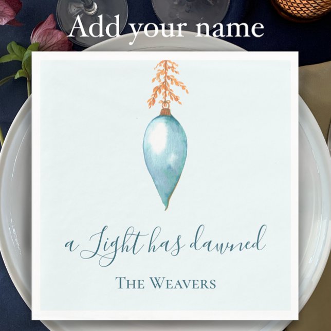 A Light Has Dawned, Watercolor Christian Christmas Napkin (Personalize this template with you name for a unique blue watercolor Christmas dinner napkin)