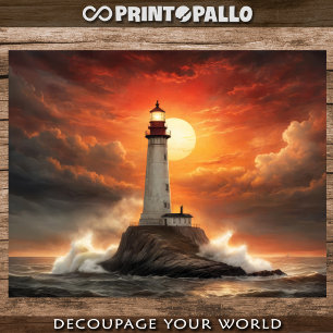 A lighthouse at sunset in a stormy sea - Decoupage Wrapping Paper Sheet