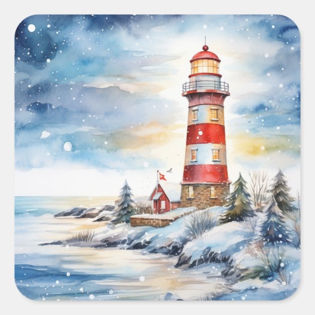 A Lighthouse in Winter Square Sticker (Front)