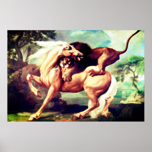 A Lion Attacking A Horse Painting Poster