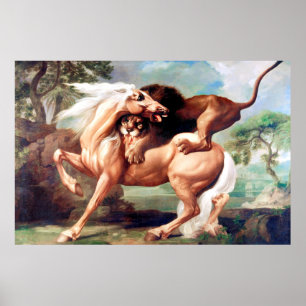 A Lion Attacking A Horse Painting Poster