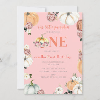  A littl Fall Pumpkins Watercolor  Girl 1st Birthd Invitation