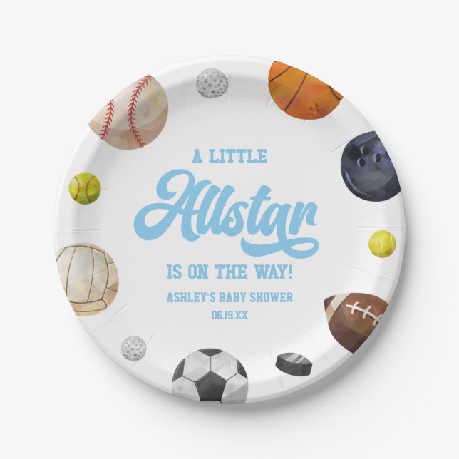 A Little Allstar Is On The Way! Sports Baby Shower Paper Plate (Front)