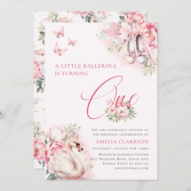 A Little Ballerina Swan Lake First Birthday Invitation (Front/Back)