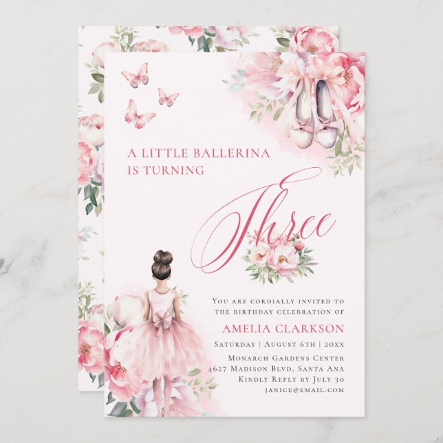 A Little Ballerina Swan Lake Third Birthday Invitation (Front/Back)