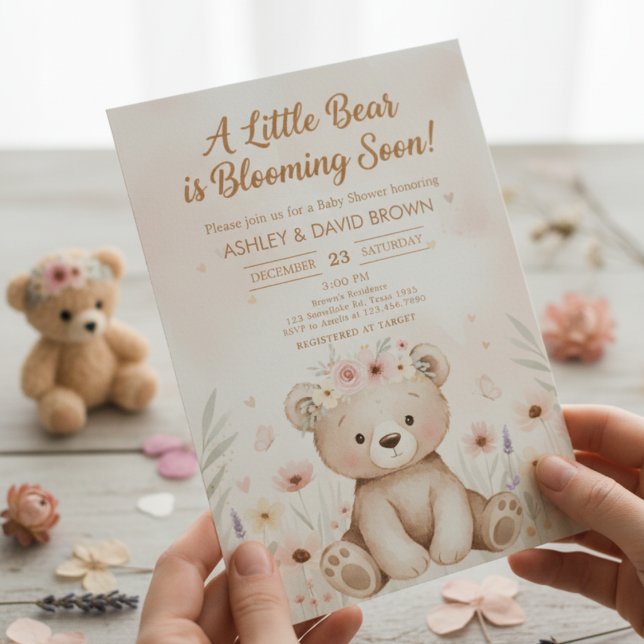 a little bear Floral Baby Shower Gender Neutral Invitation (Creator Uploaded)