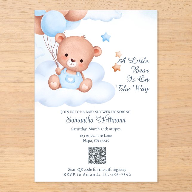 A Little Bear Is on the Way Customisable QR code Acrylic Invitations (Front)