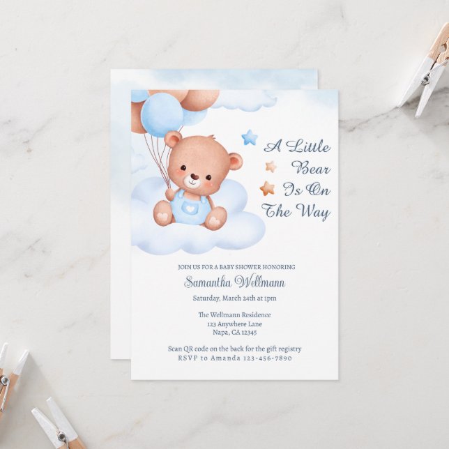 A Little Bear Is on the Way Customisable QR code Invitation (Front/Back In Situ)