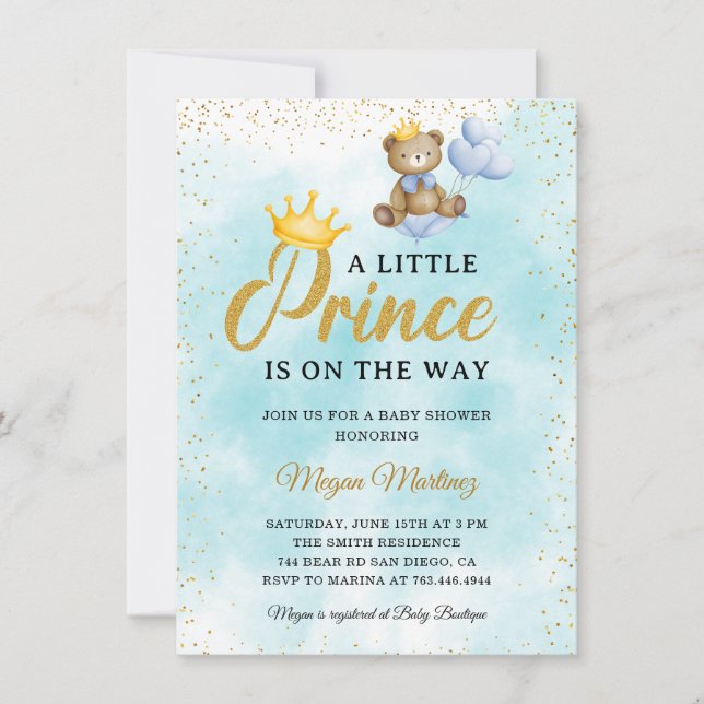 A Little Bear Prince Blue Gold Boy Baby Shower Invitation (Front)