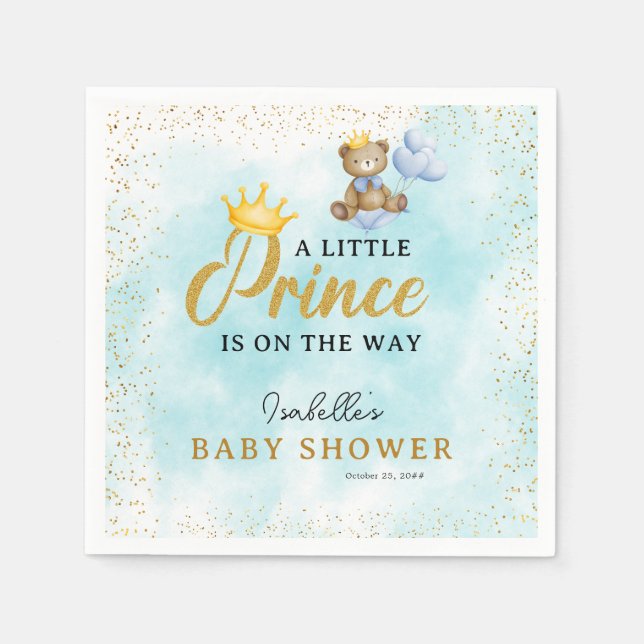 A Little Bear Prince Blue Gold Boy Baby Shower  Napkin (Front)