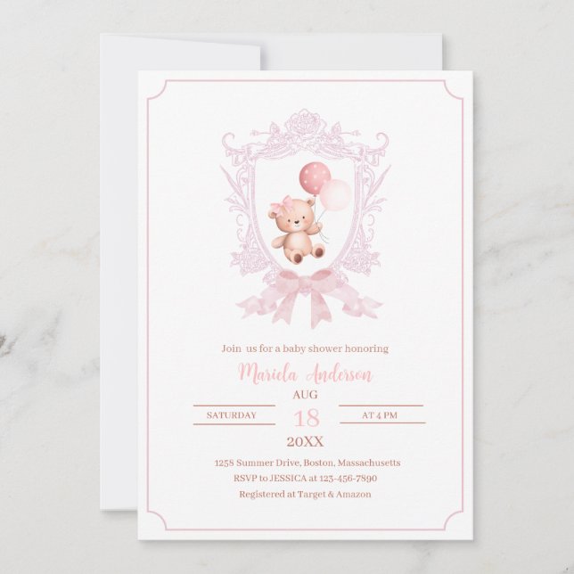 A Little bearly pink crests bows baby shInvitation Invitation (Front)
