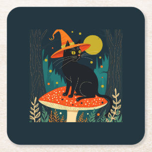 A Little Black Witchy Cat Sitting On A Toadstool 4 Square Paper Coaster