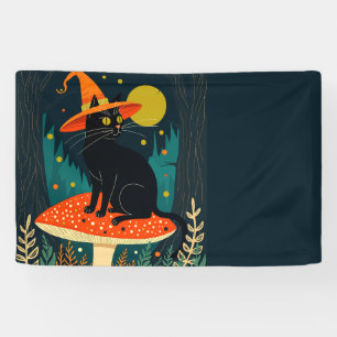 A Little Black Witchy Cat Sitting On A Toadstool Banner