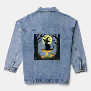 A Little Black Witchy Cat Sitting On A Toadstool Denim Jacket
