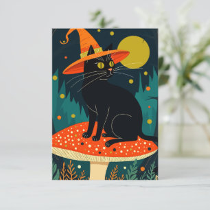 A Little Black Witchy Cat Sitting On A Toadstool Invitation
