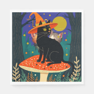 A Little Black Witchy Cat Sitting On A Toadstool Napkin