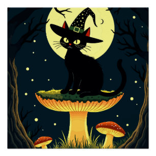  A Little Black Witchy Cat Sitting On A Toadstool  Poster