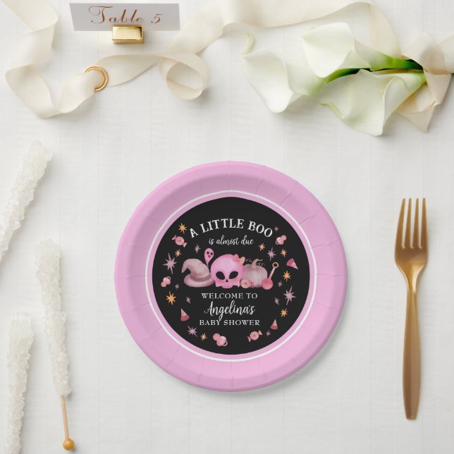 A Little Boo Black & Pink Halloween Baby Shower Paper Plate (Wedding)