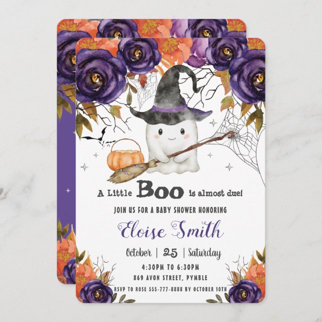 A Little Boo Cute Ghost Halloween Baby Shower Invitation (Front/Back)
