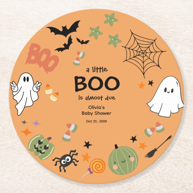 A Little Boo Cute Ghost Halloween Baby Shower Round Paper Coaster (Front)