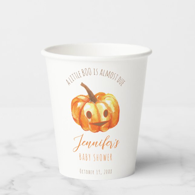 A Little Boo Halloween Baby Shower Pumpkin Script Paper Cups (Front)