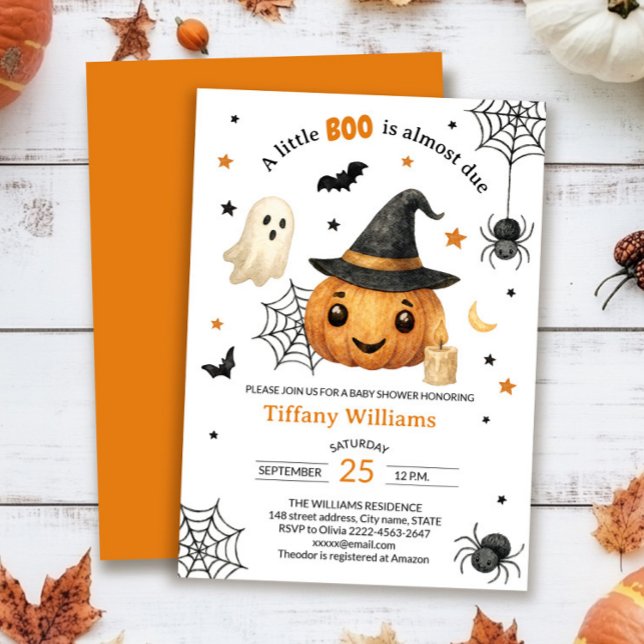 A Little Boo Is Almost Due Baby Shower Invitation  (A little BOO is on the way — cute ghost baby shower invitation with pumpkin & stars)
