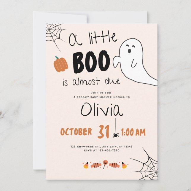 A little Boo Is Almost Due baby shower invitation (Front)