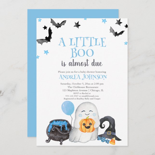 A Little Boo Is Almost Due Blue Boy Baby Shower  Invitation (Front/Back)
