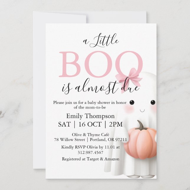 A Little Boo Is Almost Due Girl Baby Shower Pink  Invitation (Front)