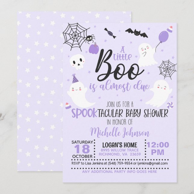 A Little Boo is Almost Due - Girl (Wh/Purple) Invitation (Front/Back)