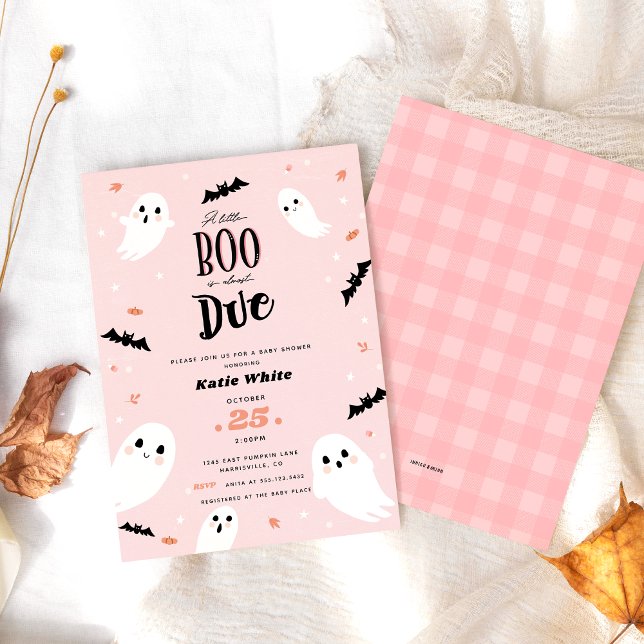 A Little Boo is Almost Due Halloween Baby Shower Invitation (Little boo Halloween girls first birthday invitation with plaid back pattern shown on white tabletop)