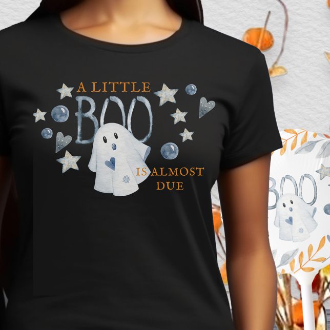 A Little Boo is Almost Due Halloween T-Shirt (Halloween mommy-to-be t-shirt and perfect for a fall baby shower hostess too)