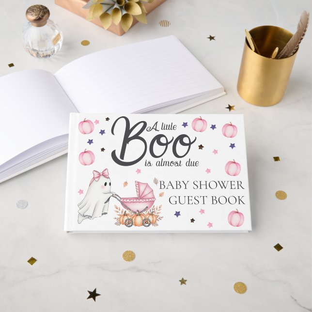 A Little Boo Is Almost Due Pink Baby Shower Guest Book (Front Open)