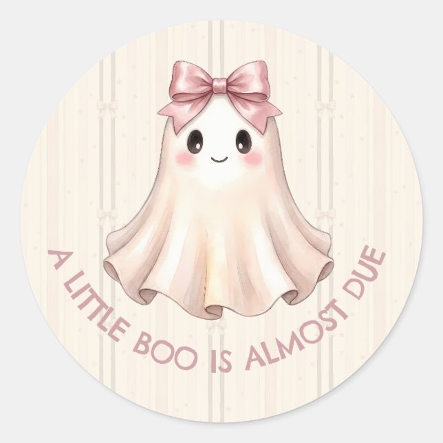 A Little Boo Is Almost Due Pink Bow Ghost Classic Round Sticker (Front)