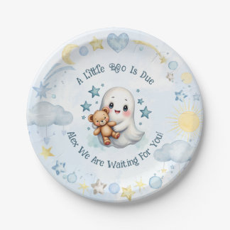 A Little Boo Is Due Adorable Baby Boy Ghost Custom Paper Plate
