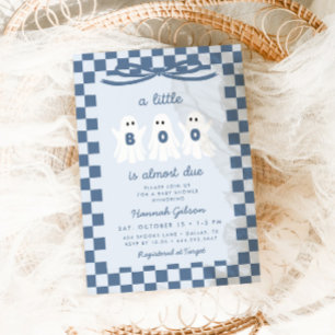 A Little Boo is Due Blue Chequered Baby Shower Invitation