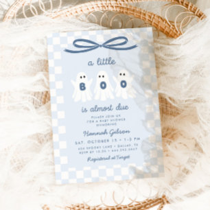 A Little Boo is Due Blue Chequered Baby Shower Invitation