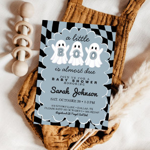 A Little Boo is Due Blue Chequered Baby Shower Invitation