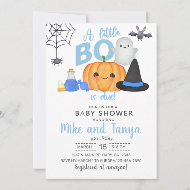 A little boo is due Halloween baby shower invite. Invitation (Front)