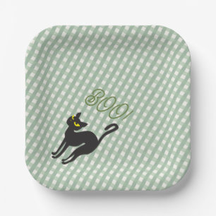 A Little Boo is Due Olive Gingham Black Cat Paper Plate