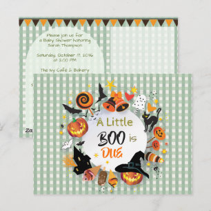 A Little Boo is Due Olive Gingham QR Baby Shower Postcard