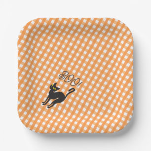 A Little Boo is Due Orange Gingham Black Cat Cosy Paper Plate