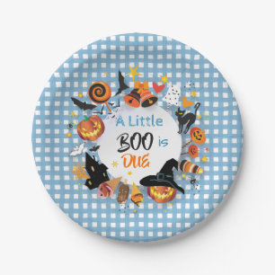 A Little Boo is Due Pale Blue Gingham Halloween Paper Plate
