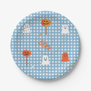 A Little Boo is Due Pale Blue Gingham Lollipops Paper Plate