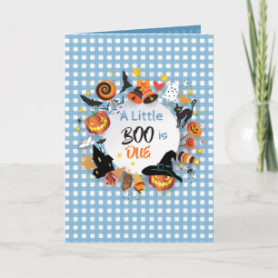 A Little Boo is Due Pale Blue Gingham QR Code Invitation