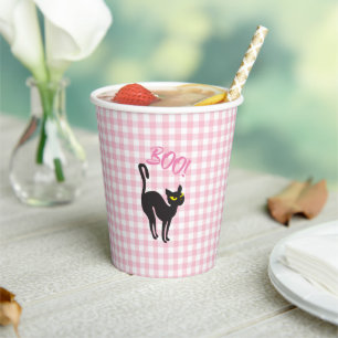 A Little Boo is Due Pink Gingham Black Cat Party Paper Cups
