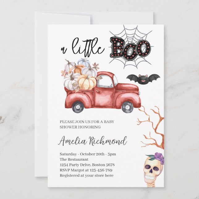 a little boo Red Pumpkin Pickup Truck Baby Shower Invitation (Front)