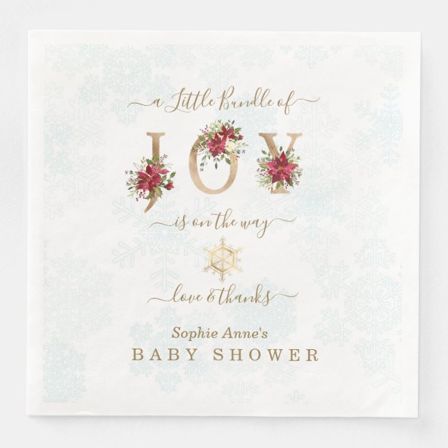 A Little Bundle Of Joy Poinsettia Gold Baby Shower Napkin (Front)
